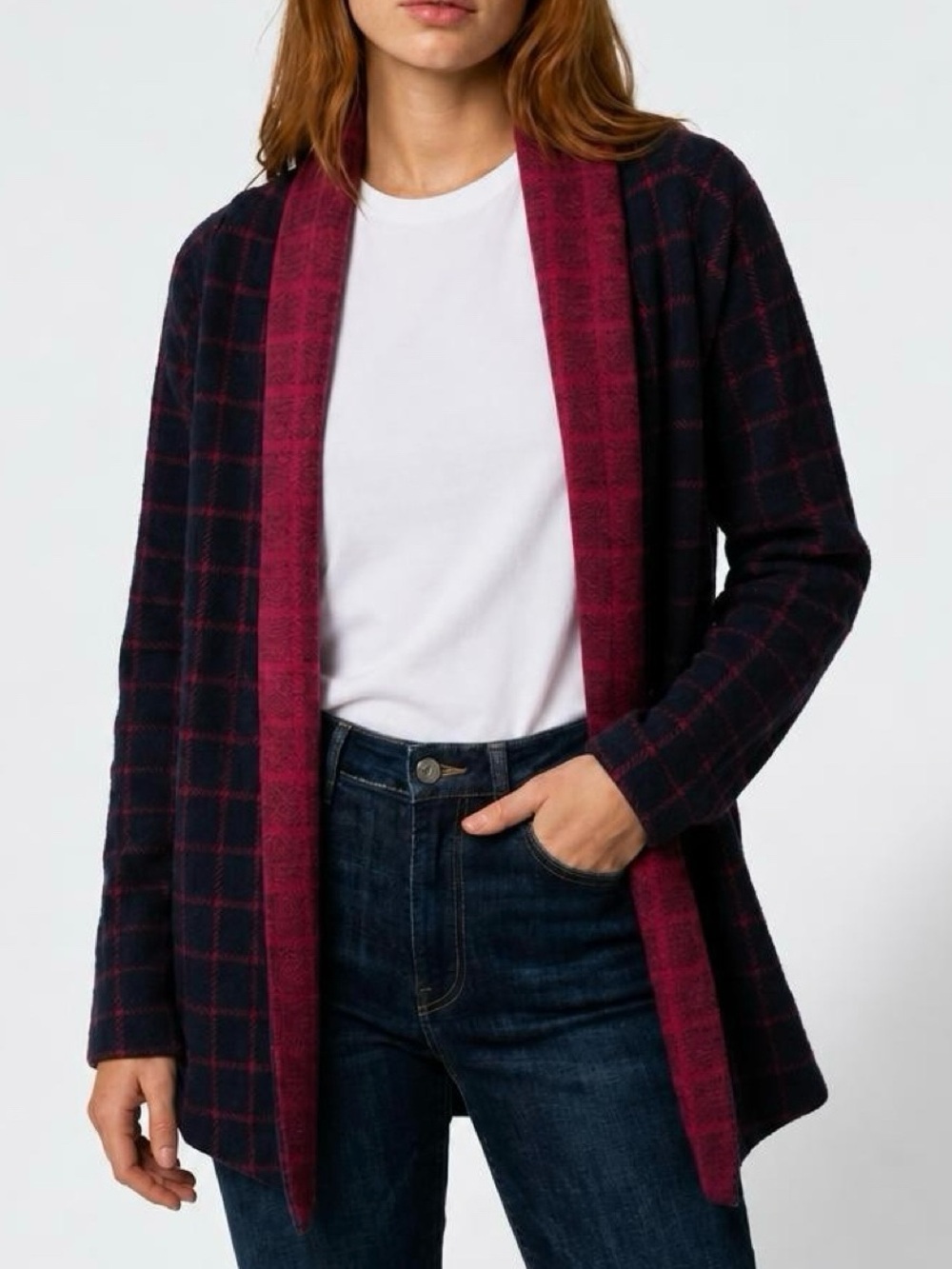 Sanctuary Anthropologie Windowpane Cardigan Navy Red XS Petite